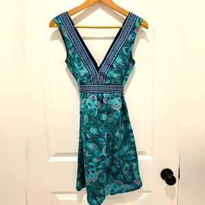H&M peacock silky dress with plunging neckline and tie waist, size 2